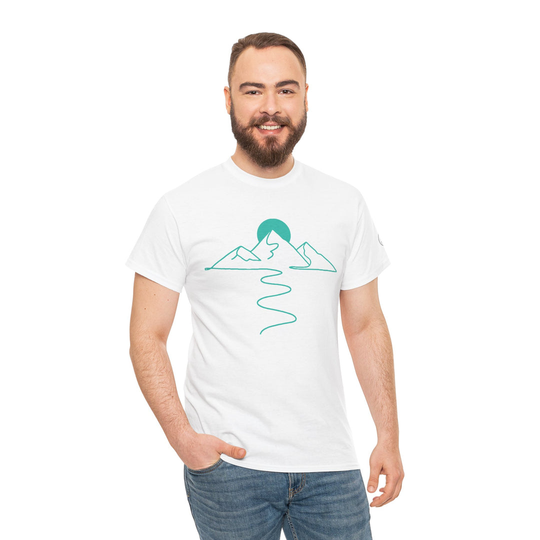 White T-shirt with mountain graphic by S&amp;W Gallus, worn with blue jeans.