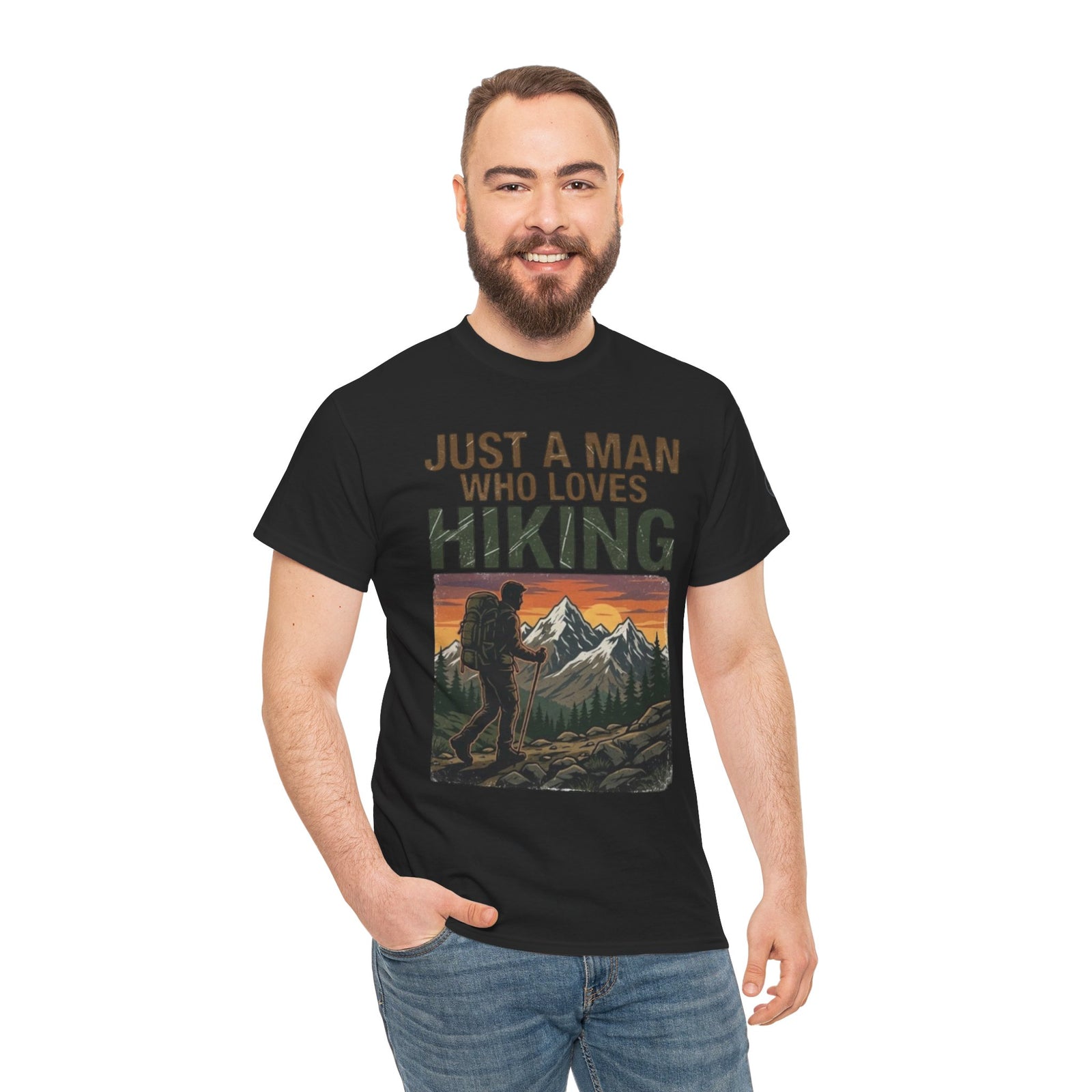 Black graphic t-shirt by Veteran owned featuring a hiking themed design worn with blue jeans.
