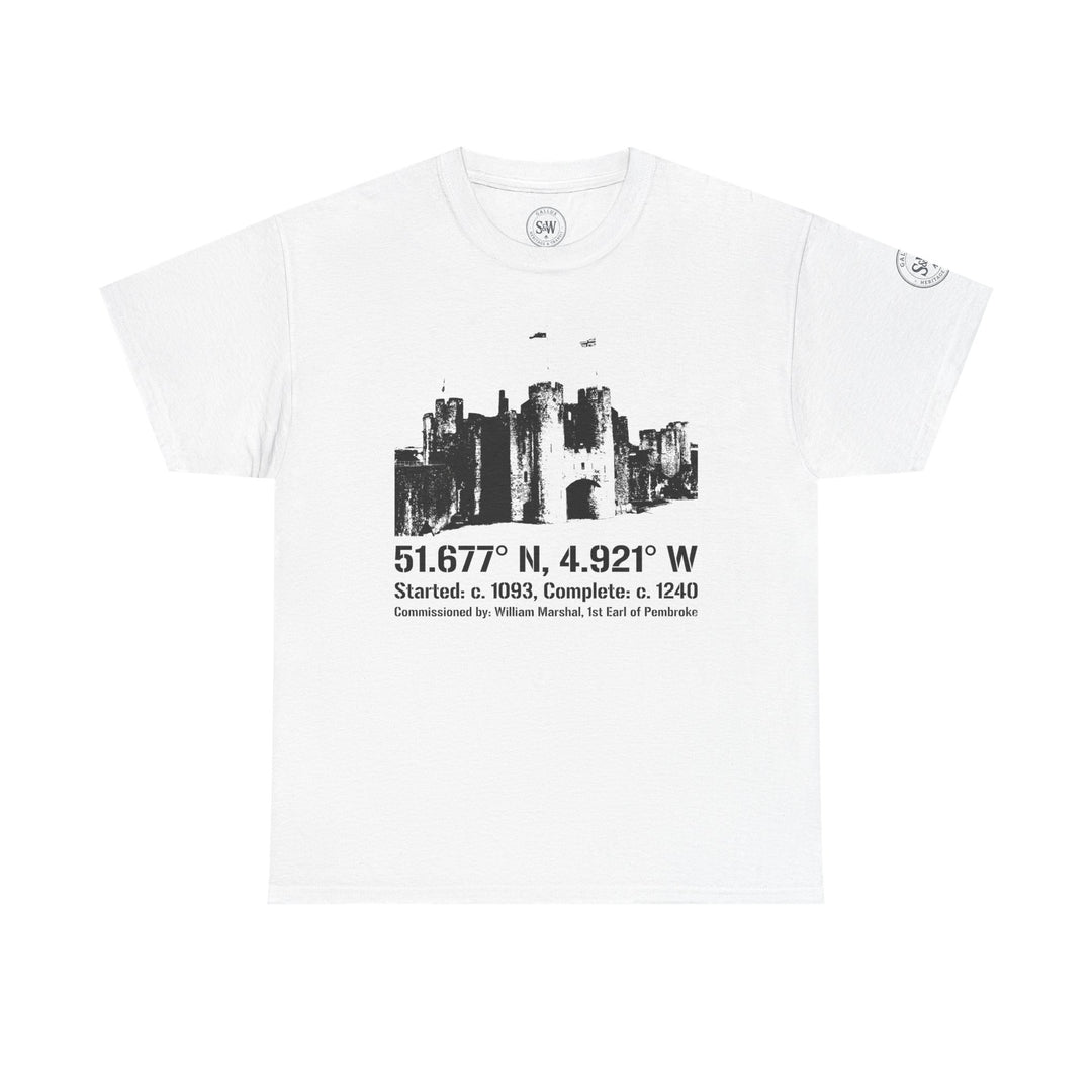 White Pembroke Castle T-Shirt by S&amp;W Gallus, featuring black historic landmark graphic with coordinates and establishment dates.