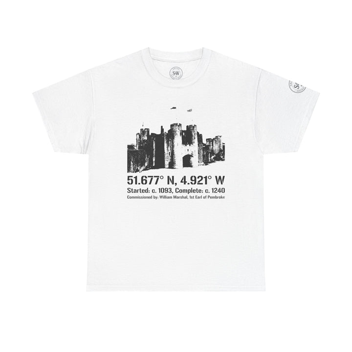 White Pembroke Castle T-Shirt by S&amp;W Gallus, featuring black historic landmark graphic with coordinates and establishment dates.