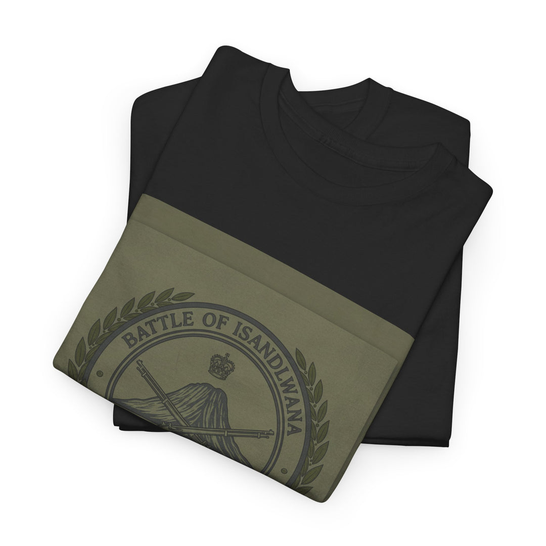 Isandlwana vintage military emblem crewneck T-shirt. Heritage graphic design inspired by historic battlefield legacy.
