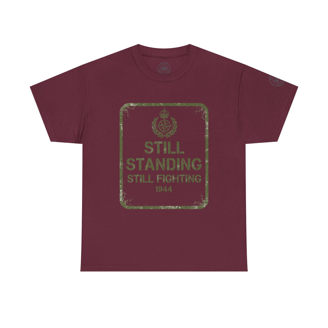 Maroon tee by S&amp;W Gallus featuring a square graphic with military stencil font.