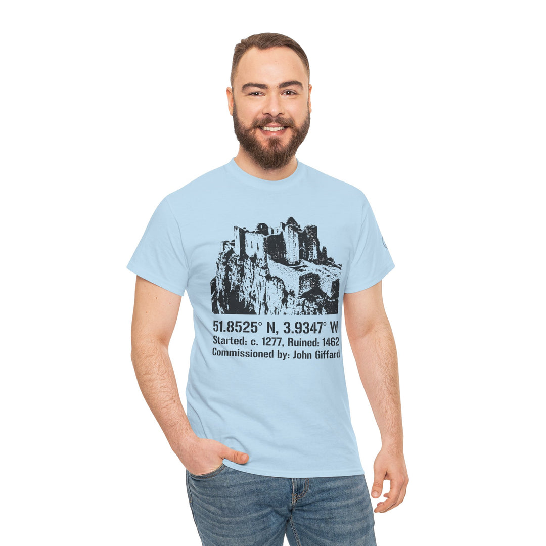Light blue Carreg Cennen Castle T-shirt by S&amp;W Gallus, featuring a castle graphic and coordinates, styled with jeans.