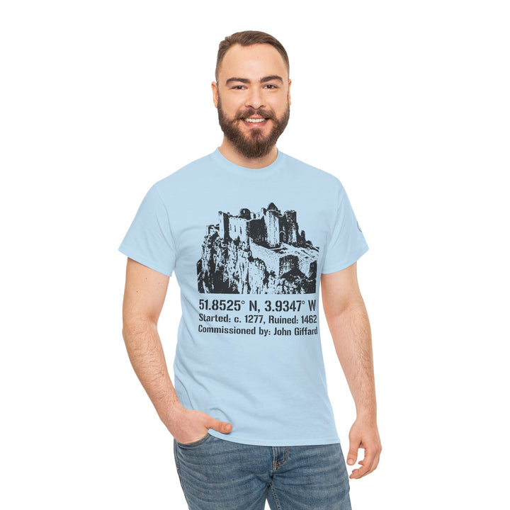 Light blue Carreg Cennen Castle T-shirt by S&amp;W Gallus, featuring a castle graphic and coordinates, styled with jeans.