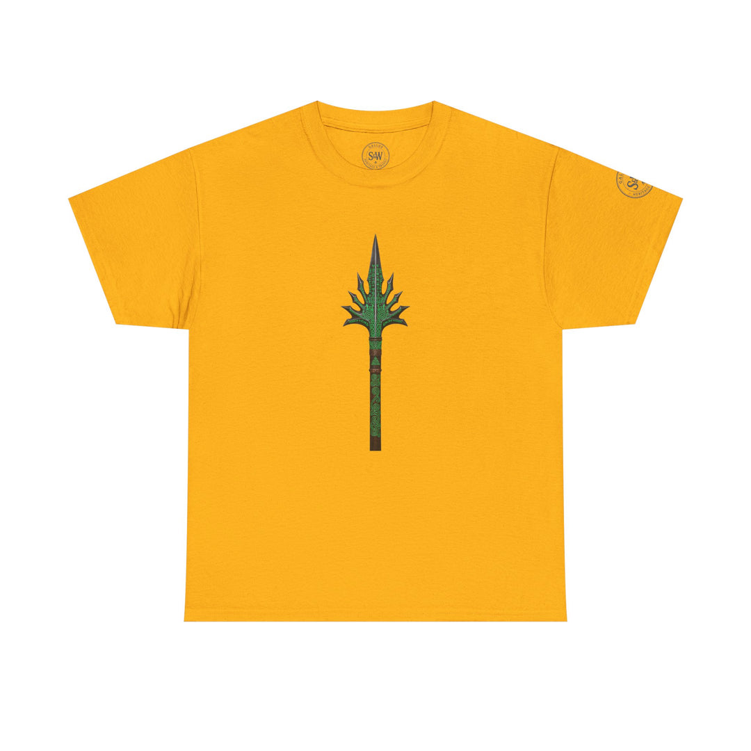 Gold t-shirt by S&amp;W Gallus featuring a green spear graphic with swirling details on the front.