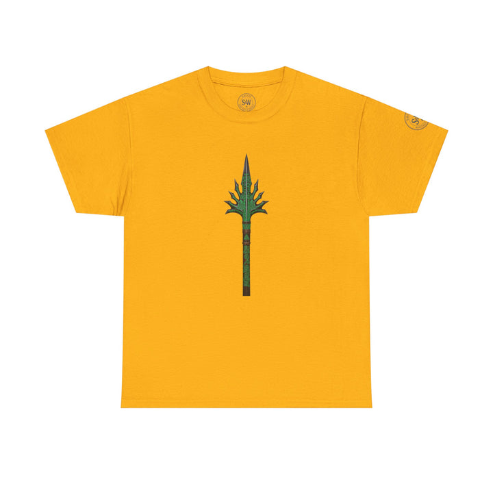 Gold t-shirt by S&amp;W Gallus featuring a green spear graphic with swirling details on the front.