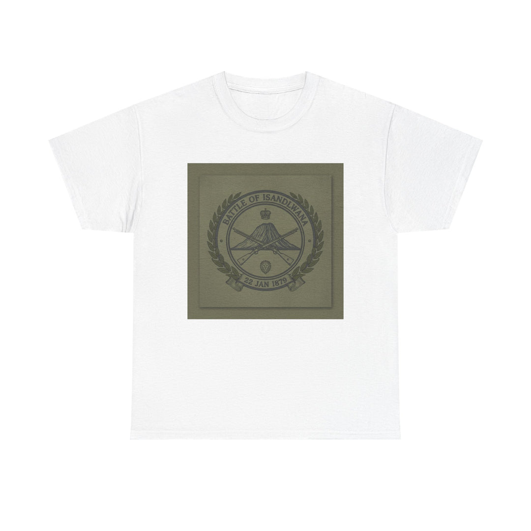 Isandlwana vintage military emblem crewneck T-shirt. Heritage graphic design inspired by historic battlefield legacy.