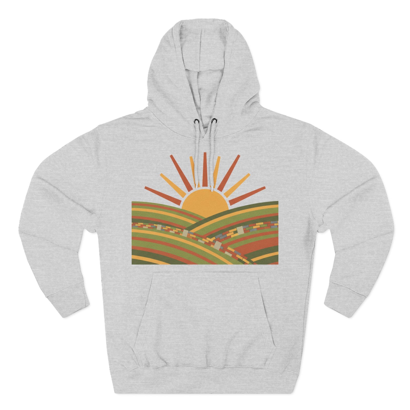 Gray hoodie by S&W Gallus featuring a colorful illustration of sunrise fields on the front.