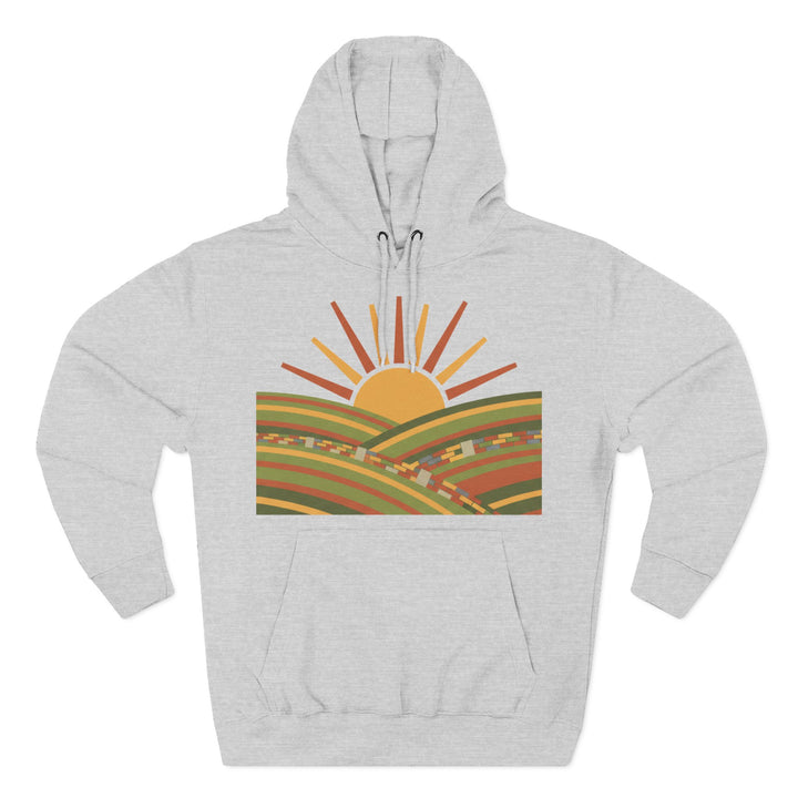 Gray hoodie by S&amp;W Gallus featuring a colorful illustration of sunrise fields on the front.
