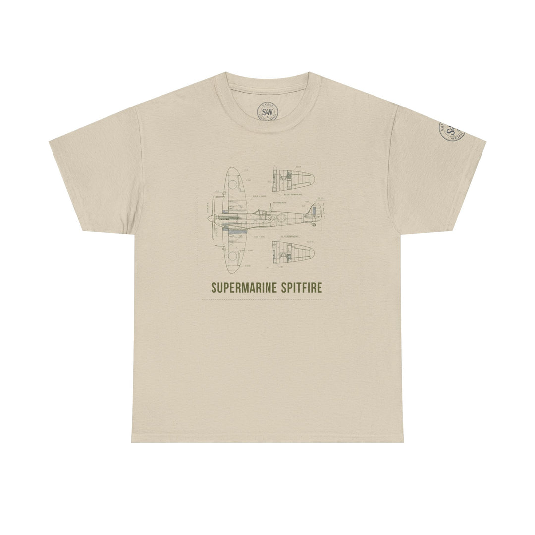 Beige Spitfire blueprint t-shirt by S&amp;W Gallus featuring a technical diagram of the aircraft.
