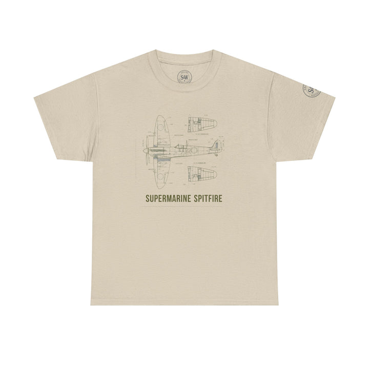 Beige Spitfire blueprint t-shirt by S&amp;W Gallus featuring a technical diagram of the aircraft.