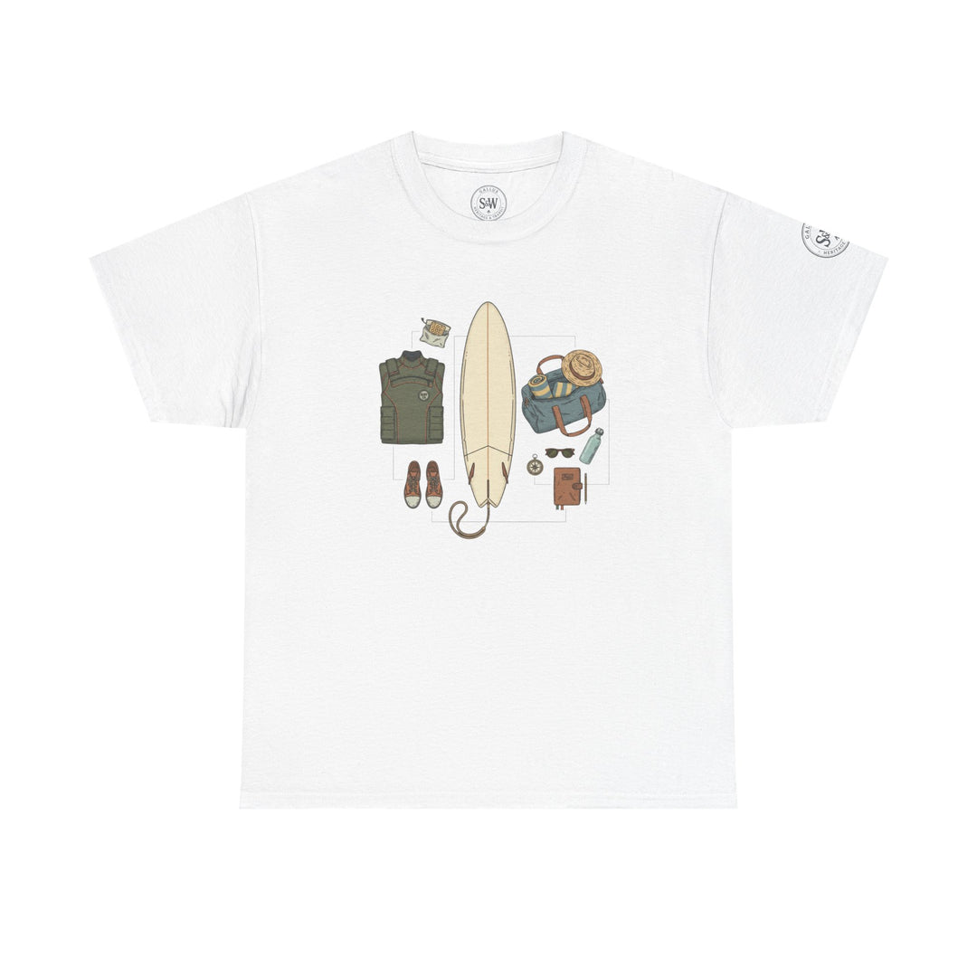White T-shirt by S&amp;W Gallus, featuring a graphic design of surf gear.
