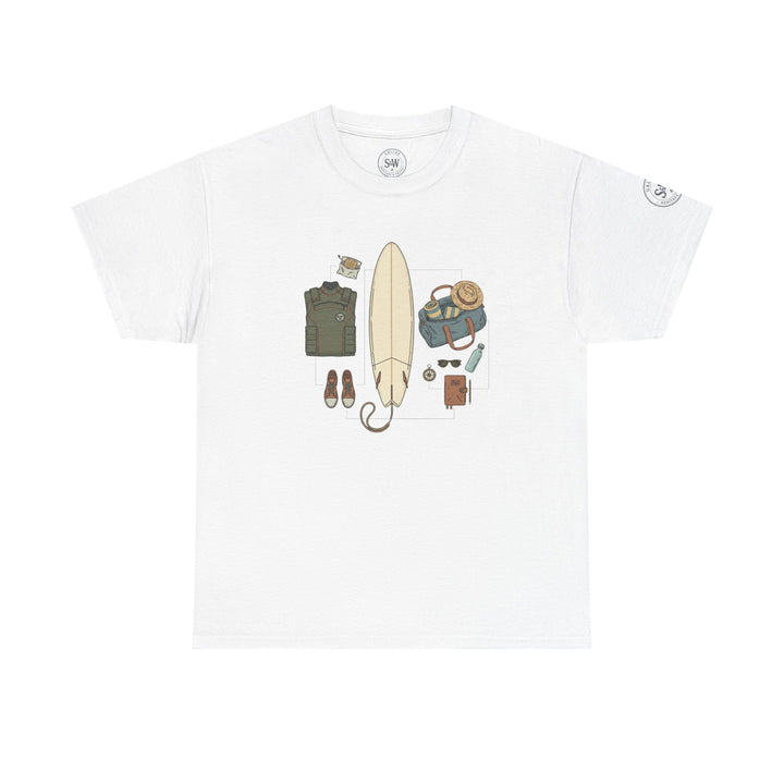White T-shirt by S&amp;W Gallus, featuring a graphic design of surf gear.
