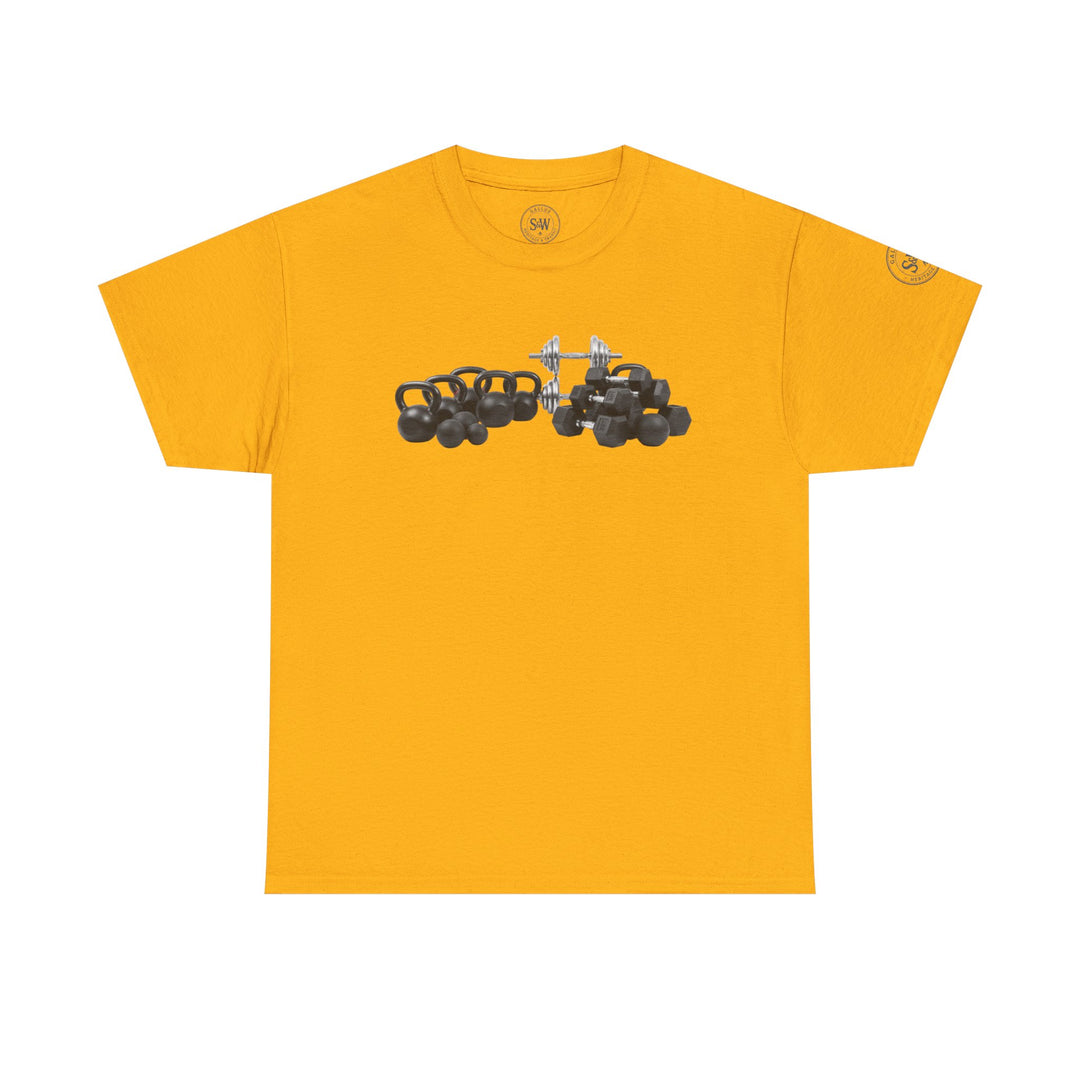 Yellow t-shirt by S&amp;W Gallus, featuring a kettlebell and weightlifting design on the front.
