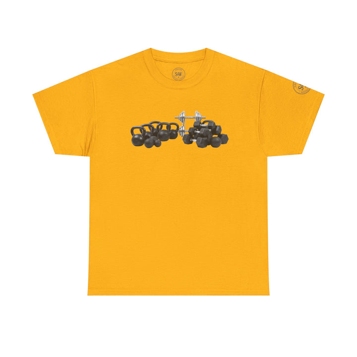 Yellow t-shirt by S&amp;W Gallus, featuring a kettlebell and weightlifting design on the front.
