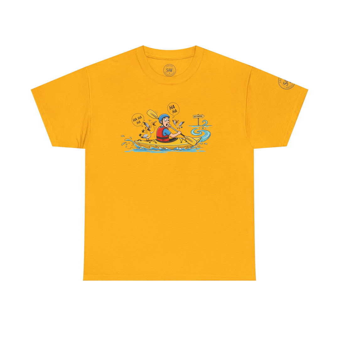 Yellow t-shirt with a cartoon kayak design by S&amp;W Gallus, featuring a man with laughing seagulls.