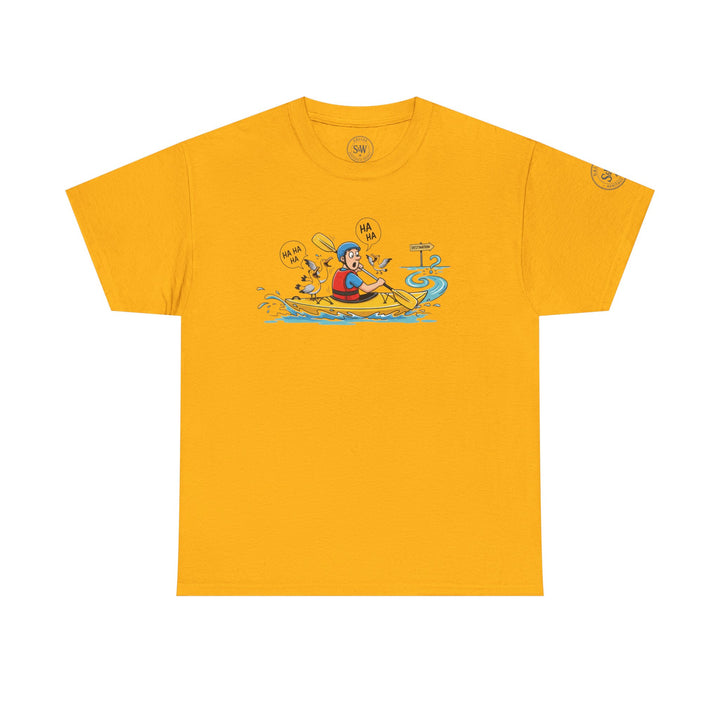 Yellow t-shirt with a cartoon kayak design by S&amp;W Gallus, featuring a man with laughing seagulls.