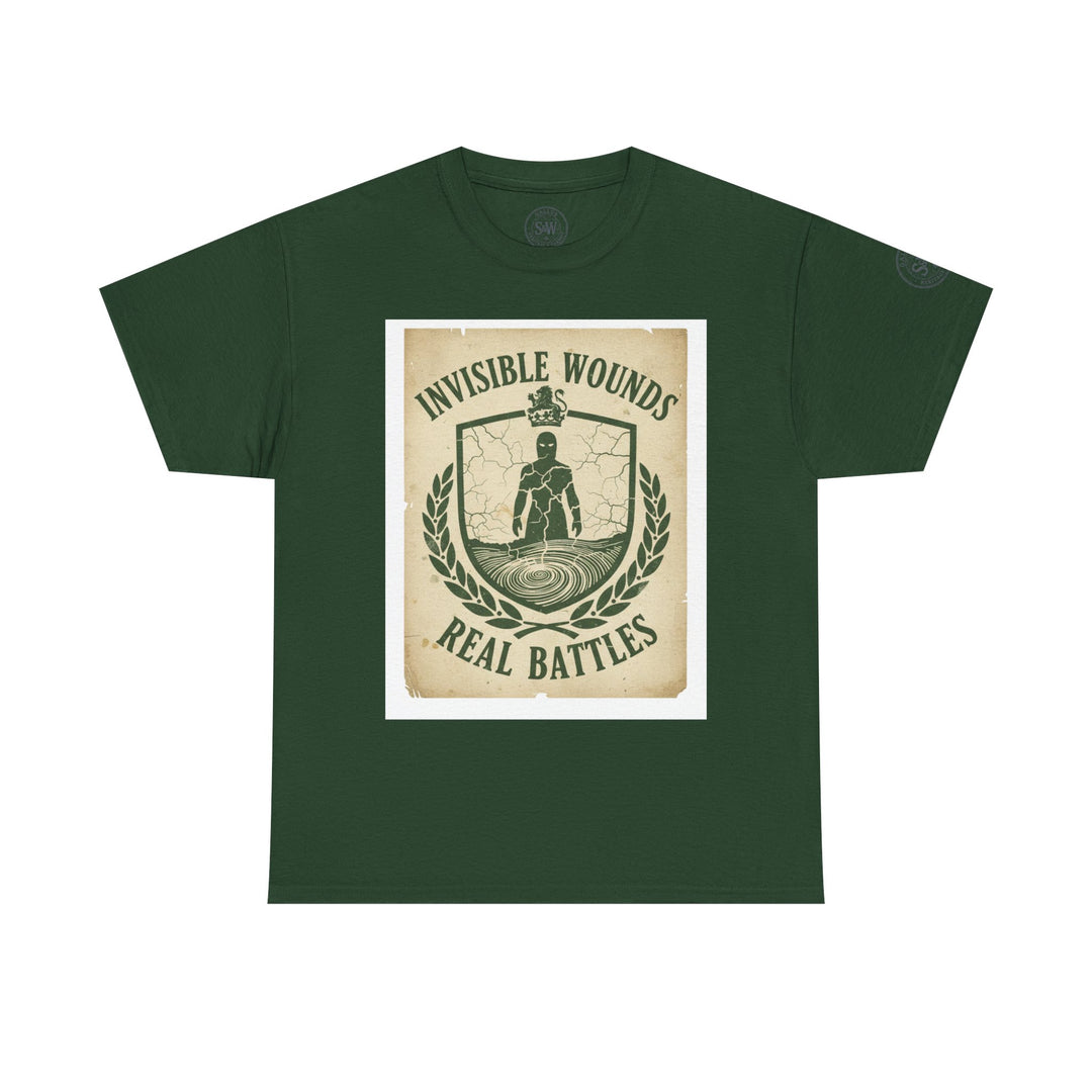 Forest green t-shirt by S&amp;W Gallus featuring "Invisible Wounds Real Battles" graphic on the front.
