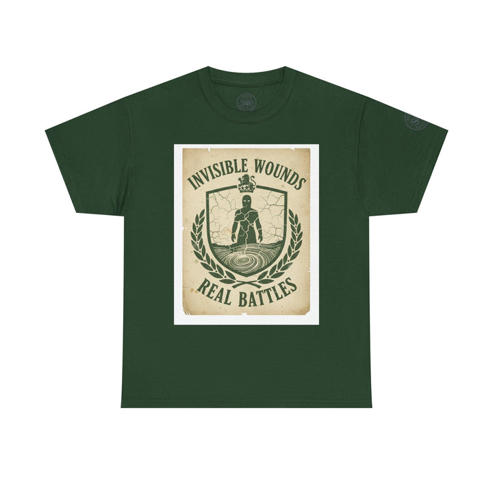 Forest green t-shirt by S&amp;W Gallus featuring "Invisible Wounds Real Battles" graphic on the front.