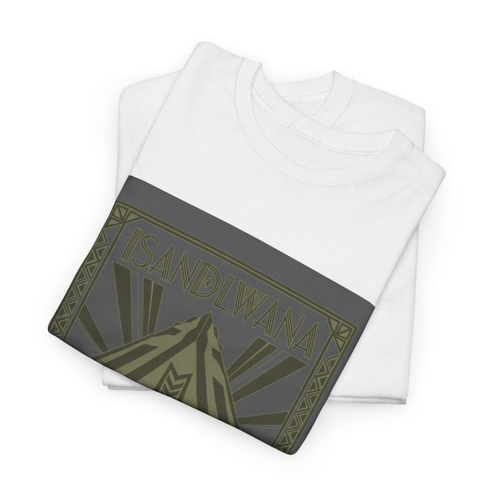 Isandlwana Festival Tee featuring bold “M” pyramid graphic. Outdoor music shirt inspired by iconic landscape vibes.