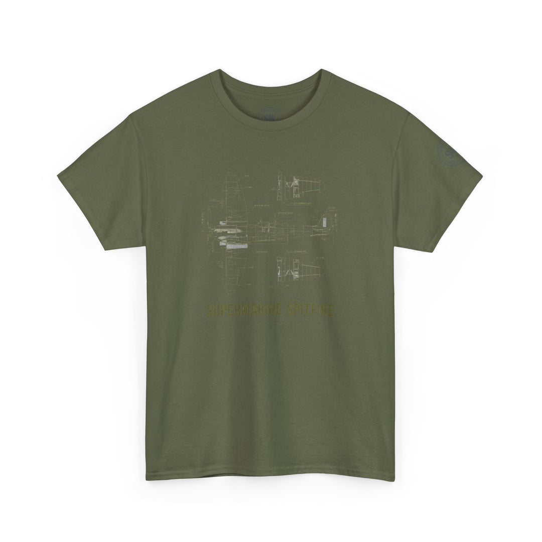 Olive green t-shirt by S&amp;W Gallus with a Supermarine Spitfire blueprint design on the front.