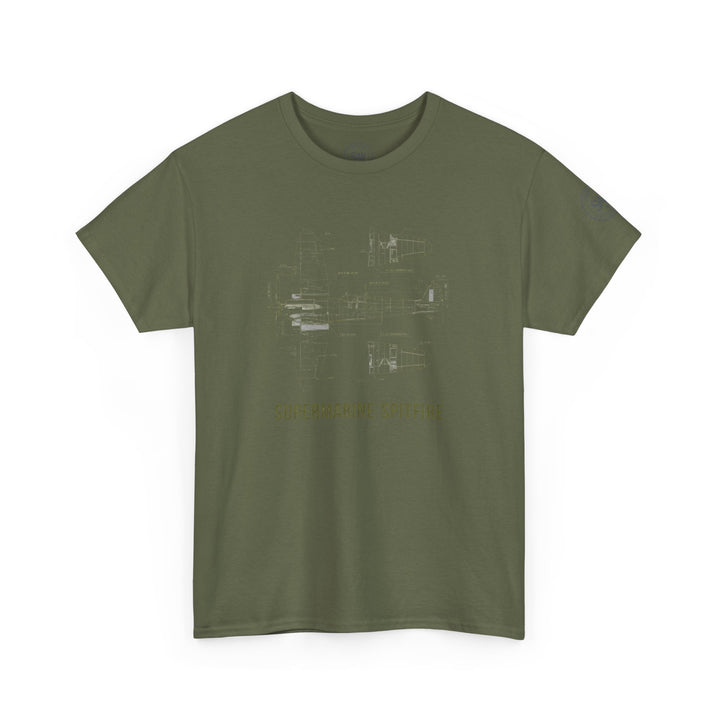 Olive green t-shirt by S&amp;W Gallus with a Supermarine Spitfire blueprint design on the front.