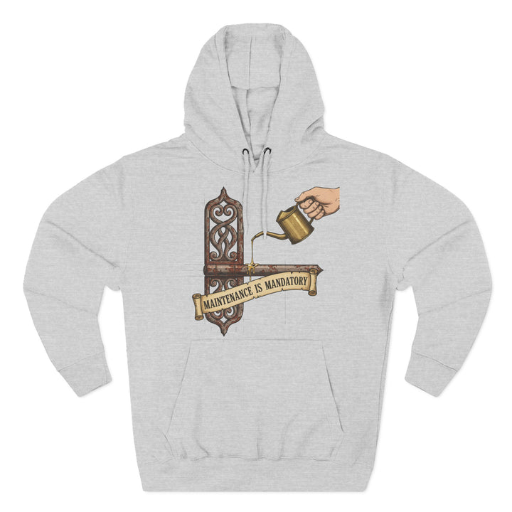 Gray hoodie by S&amp;W Gallus, featuring a hinge graphic and the text, "Maintenance is Mandatory."