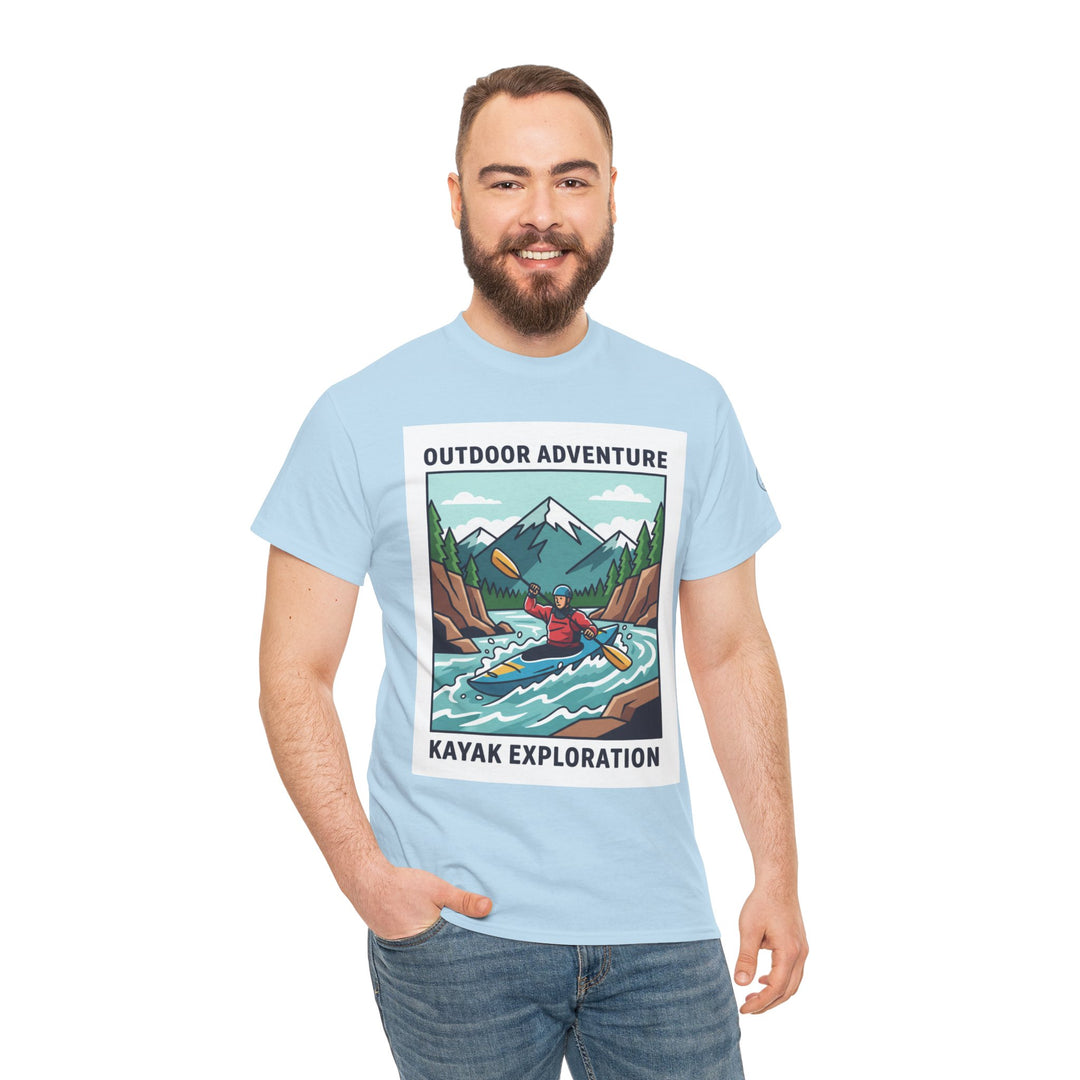 Light blue T-shirt by S&amp;W Gallus, featuring a kayak exploration graphic on the front, worn with jeans.