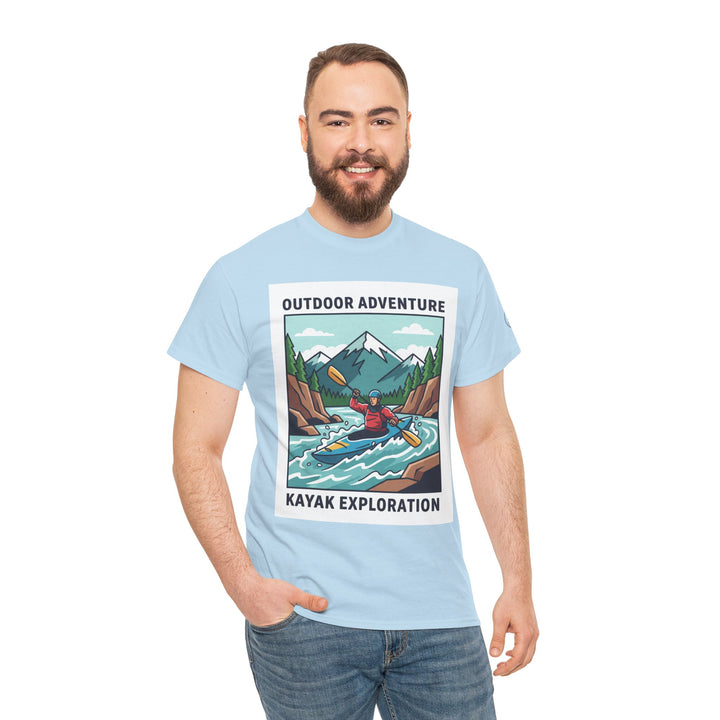 Light blue T-shirt by S&amp;W Gallus, featuring a kayak exploration graphic on the front, worn with jeans.