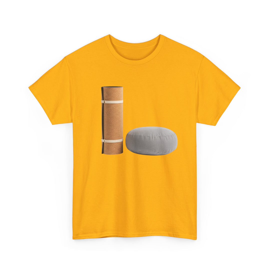 Mat &amp; Meditation Cushion Tee – soft, breathable cotton featuring a yoga-inspired design. Perfect for meditation, studio practice, or mindful everyday wear.