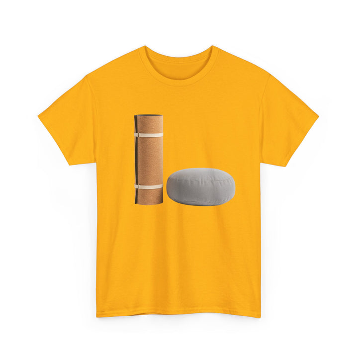 Mat &amp; Meditation Cushion Tee – soft, breathable cotton featuring a yoga-inspired design. Perfect for meditation, studio practice, or mindful everyday wear.