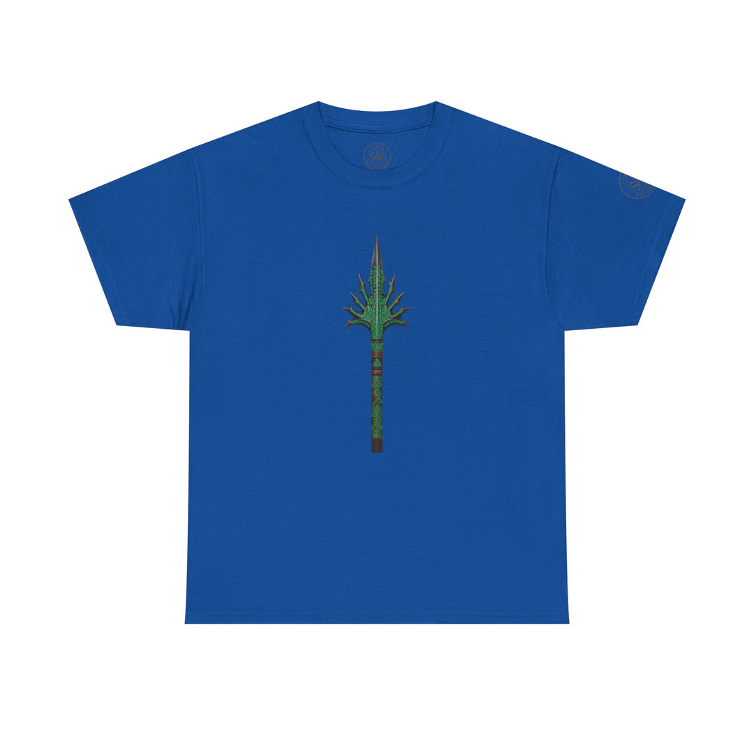 Blue Spear of the Forest Graphic Tee by S&amp;W Gallus with tribal weapon graphic on front.