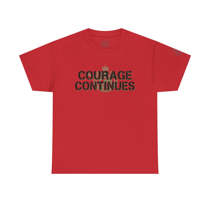 Red t-shirt by S&amp;W Gallus with "Courage Continues" text and a crown, against a white background.