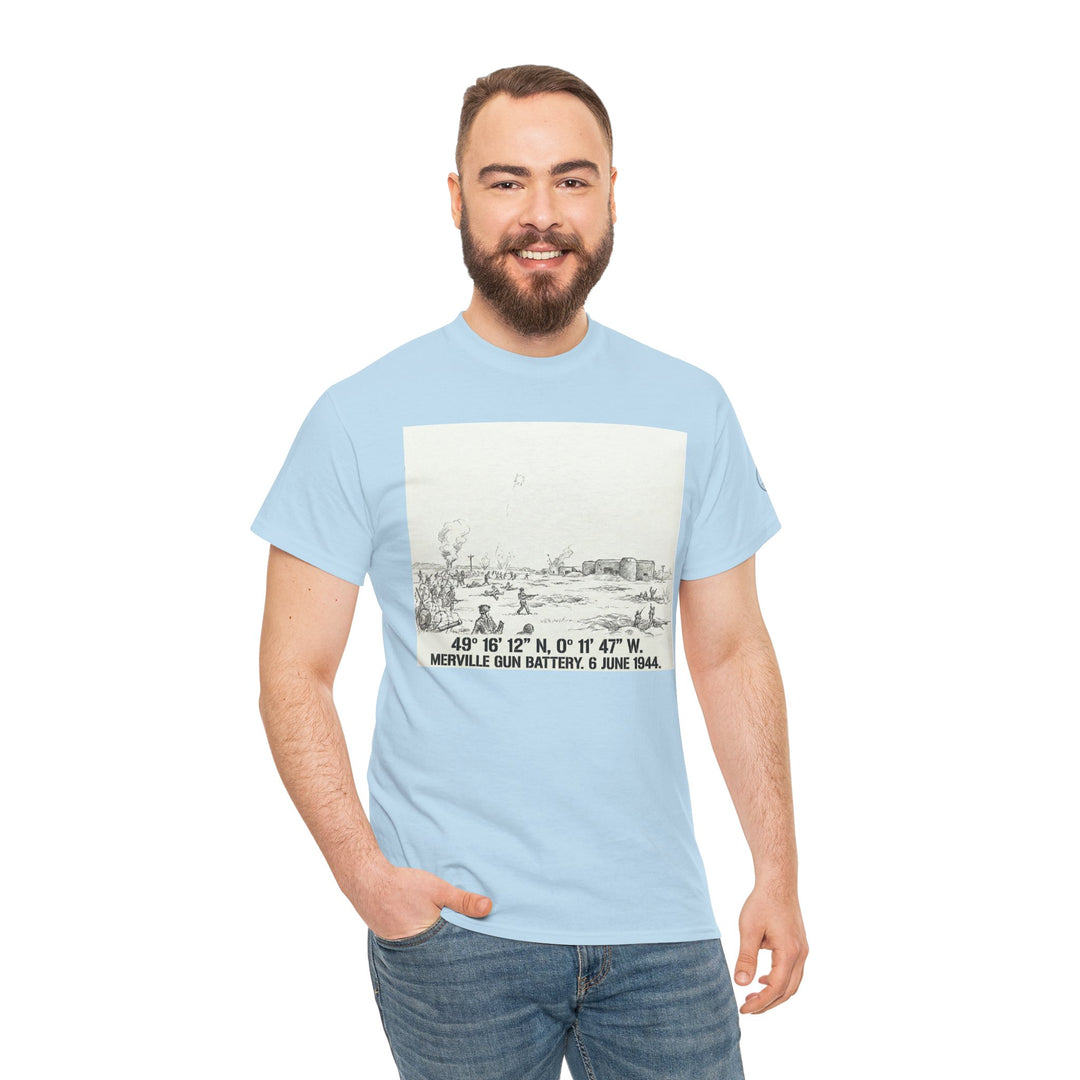 Light blue t-shirt by Veteran owned, featuring a historical sketch print and text, styled with blue jeans.