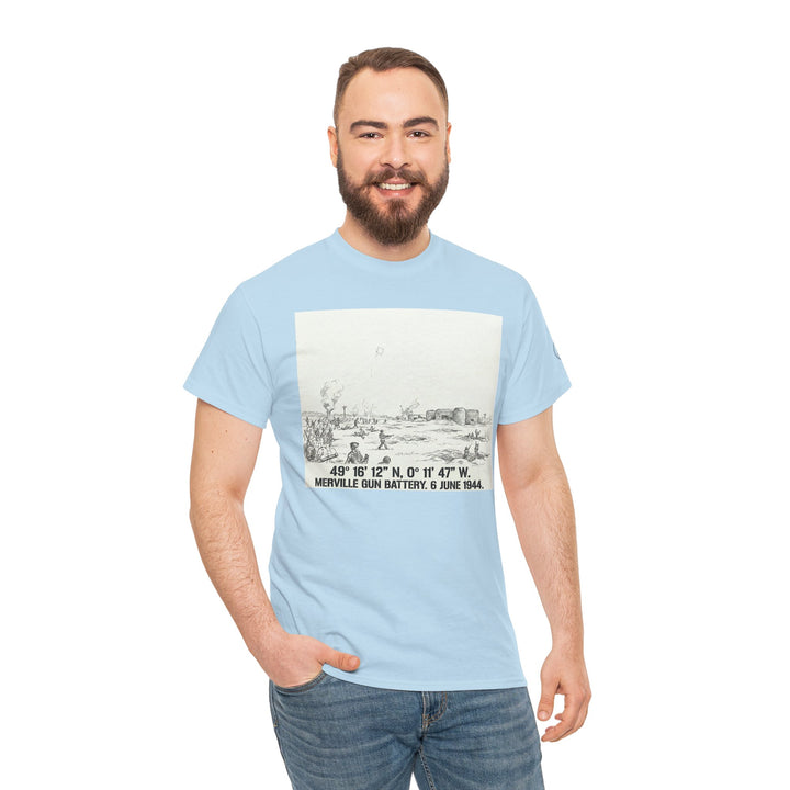 Light blue t-shirt by Veteran owned, featuring a historical sketch print and text, styled with blue jeans.