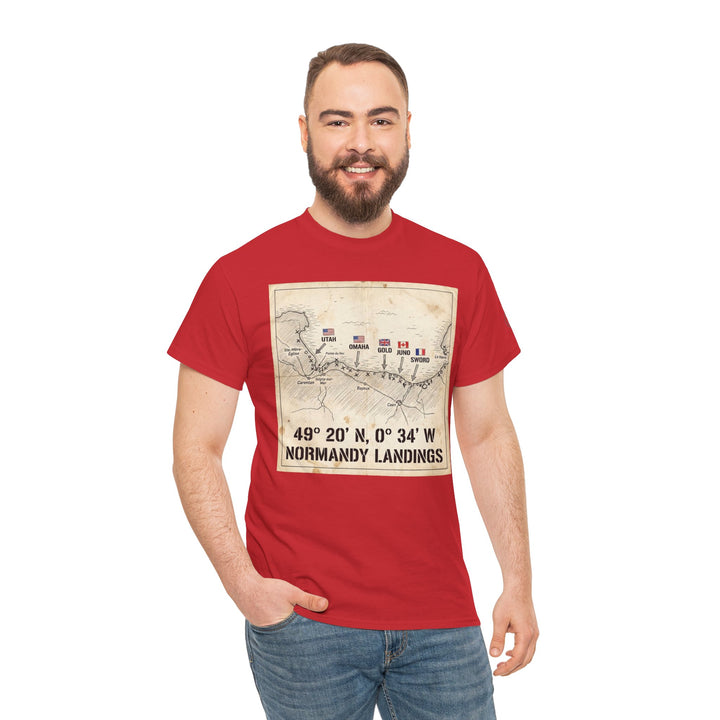 Red Normandy Landings map T-shirt by Veteran owned, featuring the D-Day landing beaches, worn with jeans.