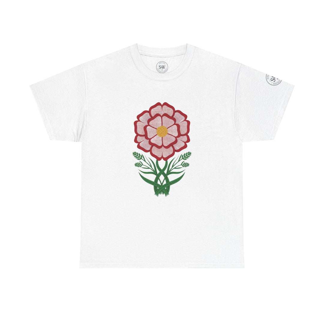 White graphic t-shirt by S&amp;W Gallus with a floral Tudor rose design in red and green.