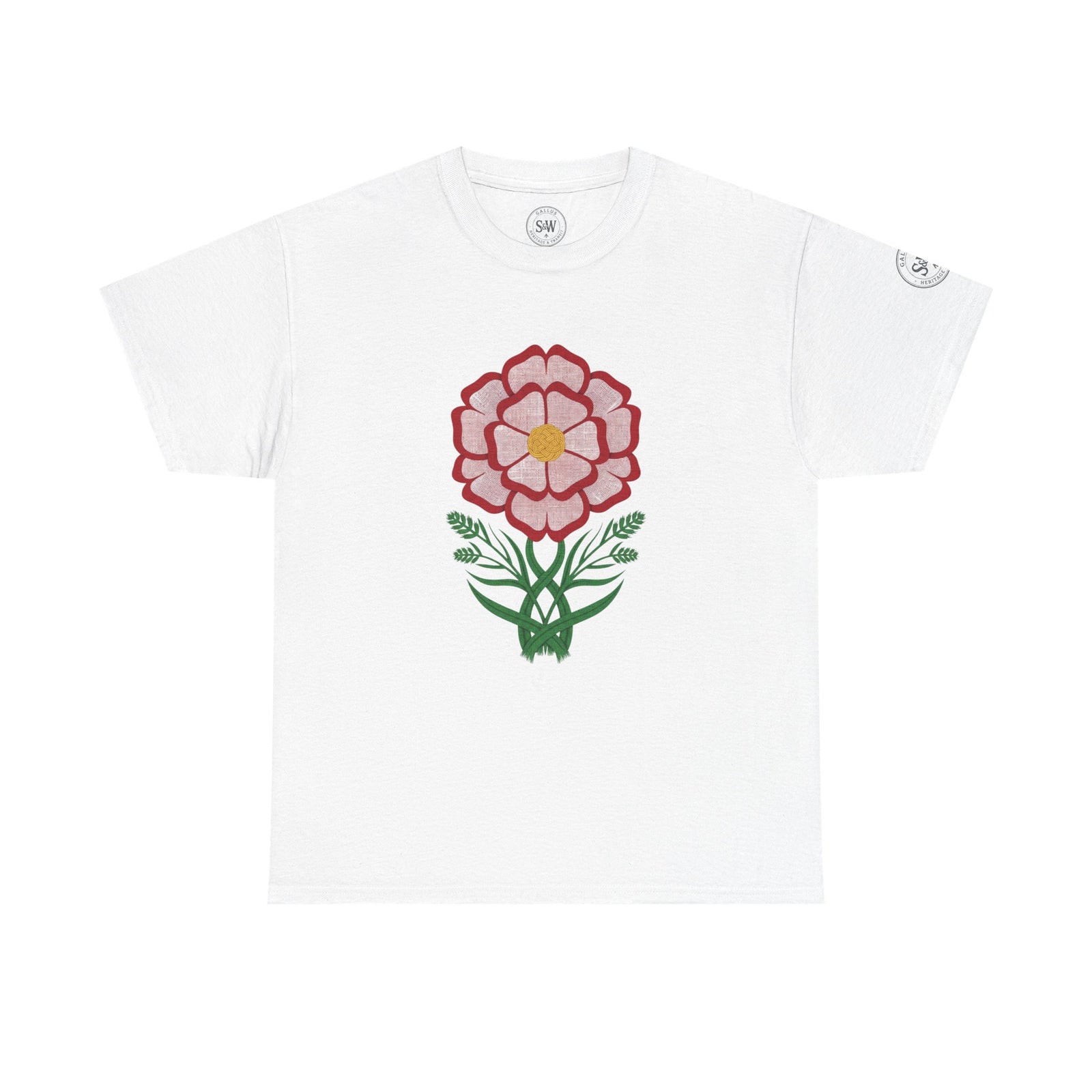 White graphic t-shirt by S&W Gallus with a floral Tudor rose design in red and green.