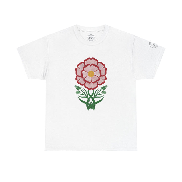 White graphic t-shirt by S&amp;W Gallus with a floral Tudor rose design in red and green.