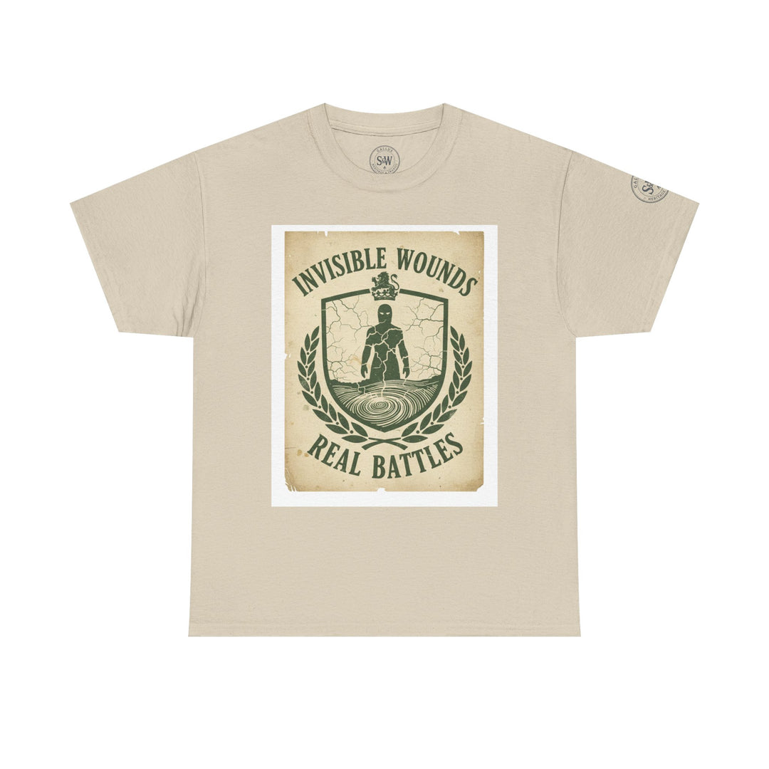 Beige t-shirt by S&amp;W Gallus with a central graphic featuring the words "Invisible Wounds, Real Battles".
