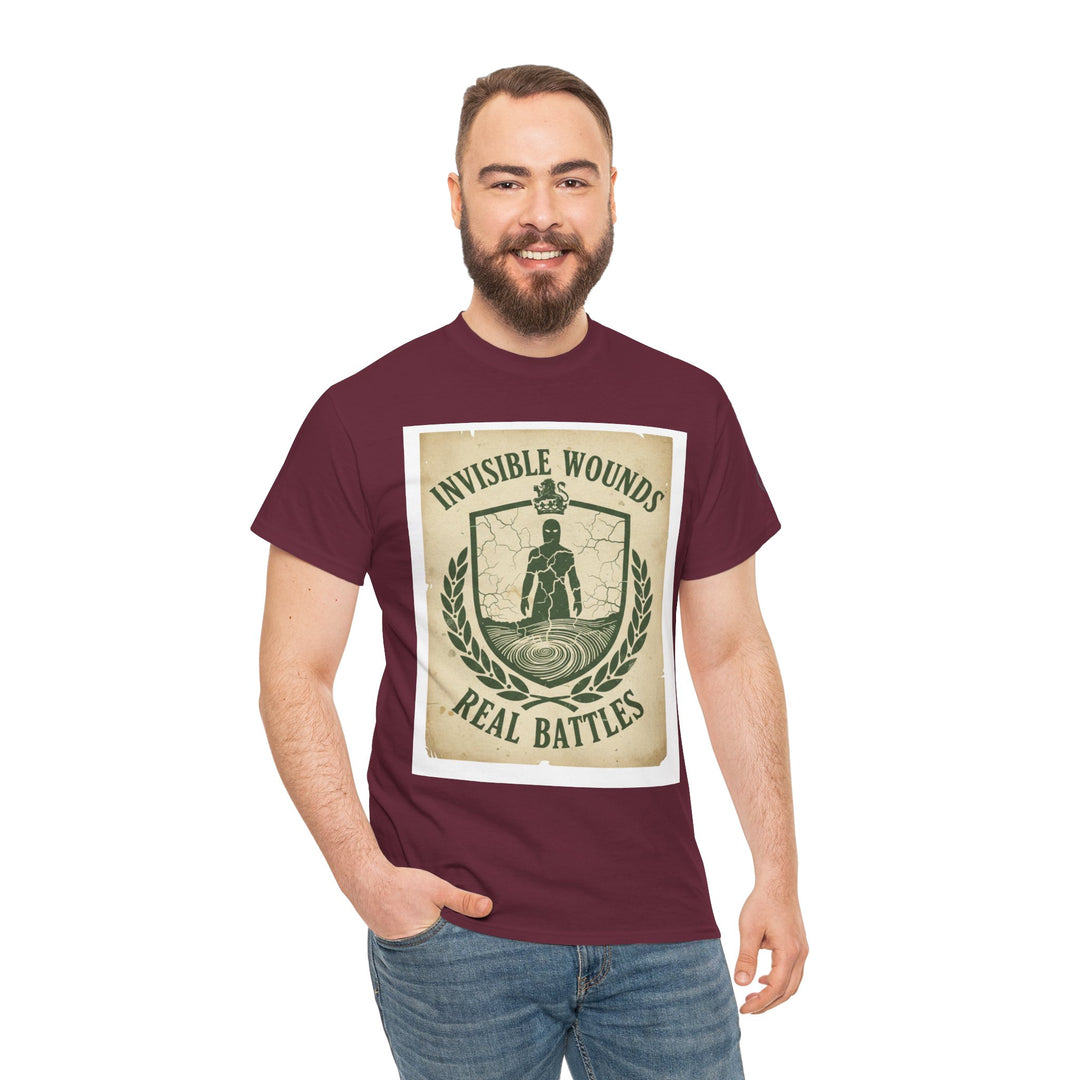 Burgundy graphic t-shirt by S&amp;W Gallus featuring an "Invisible Wounds Real Battles" crest, worn with jeans.