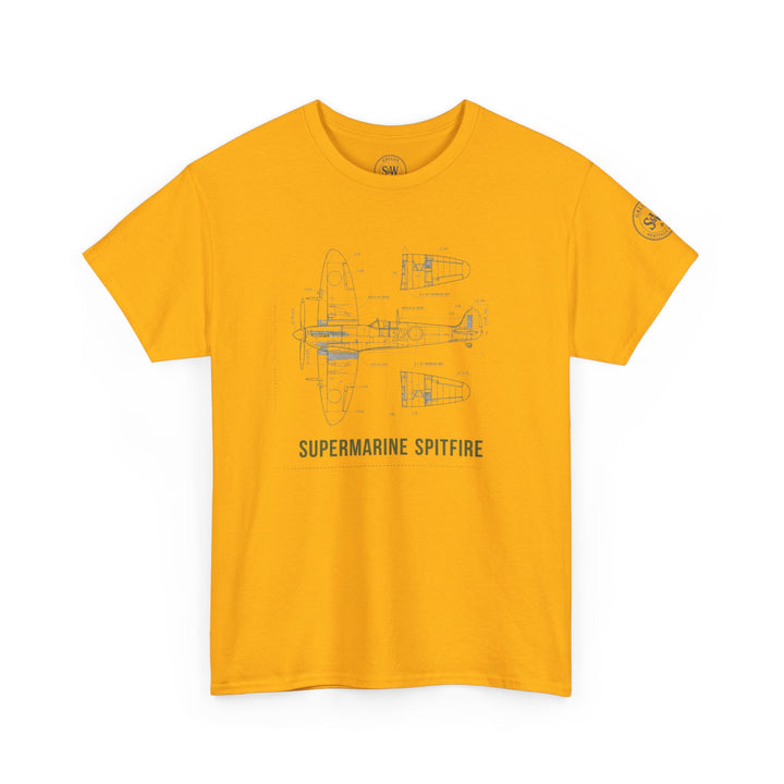 Mustard yellow T-shirt with a Supermarine Spitfire blueprint by S&amp;W Gallus, featuring a schematic drawing of the aircraft on the front.
