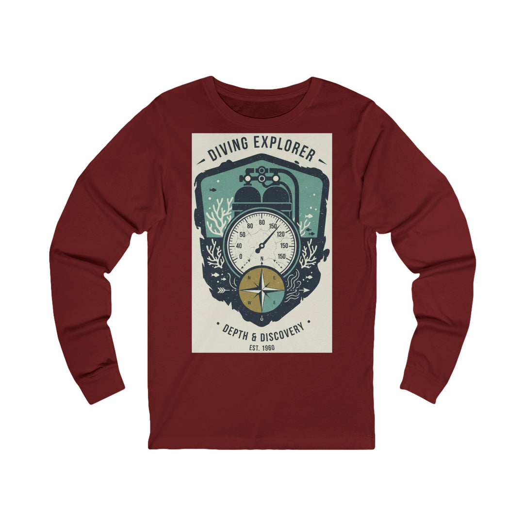 Burgundy long-sleeve tee by S&amp;W Gallus, featuring a diving explorer graphic with a nautical compass and coral reef.