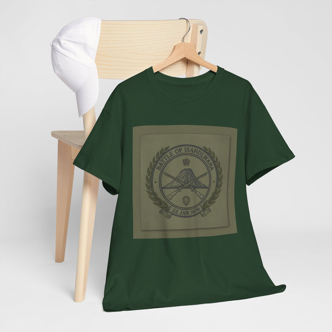 Isandlwana vintage military emblem crewneck T-shirt. Heritage graphic design inspired by historic battlefield legacy.