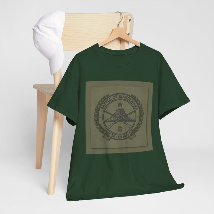 Isandlwana vintage military emblem crewneck T-shirt. Heritage graphic design inspired by historic battlefield legacy.