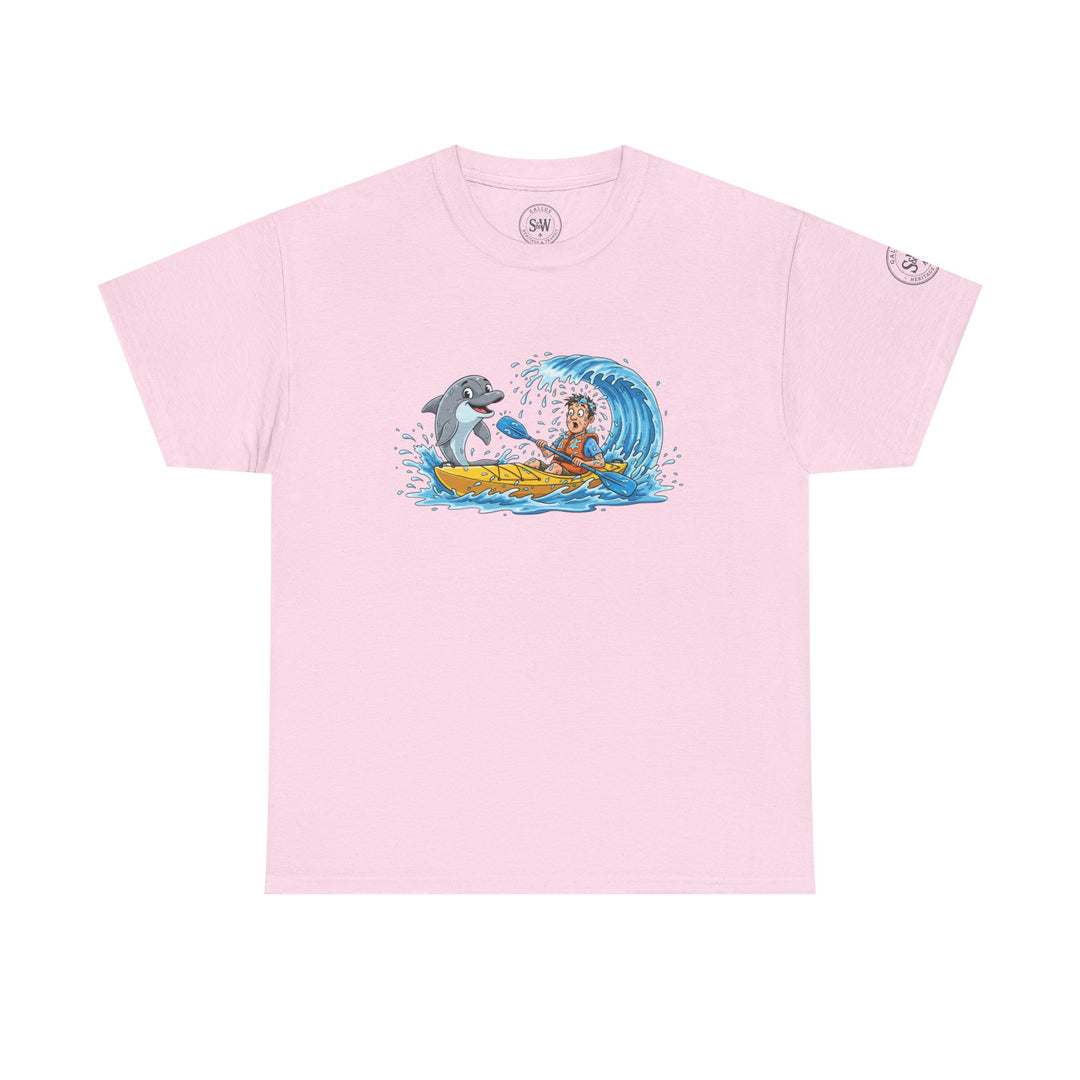 Pink T-shirt by S&amp;W Gallus featuring a cartoon graphic of a man kayaking alongside a dolphin in a wave.