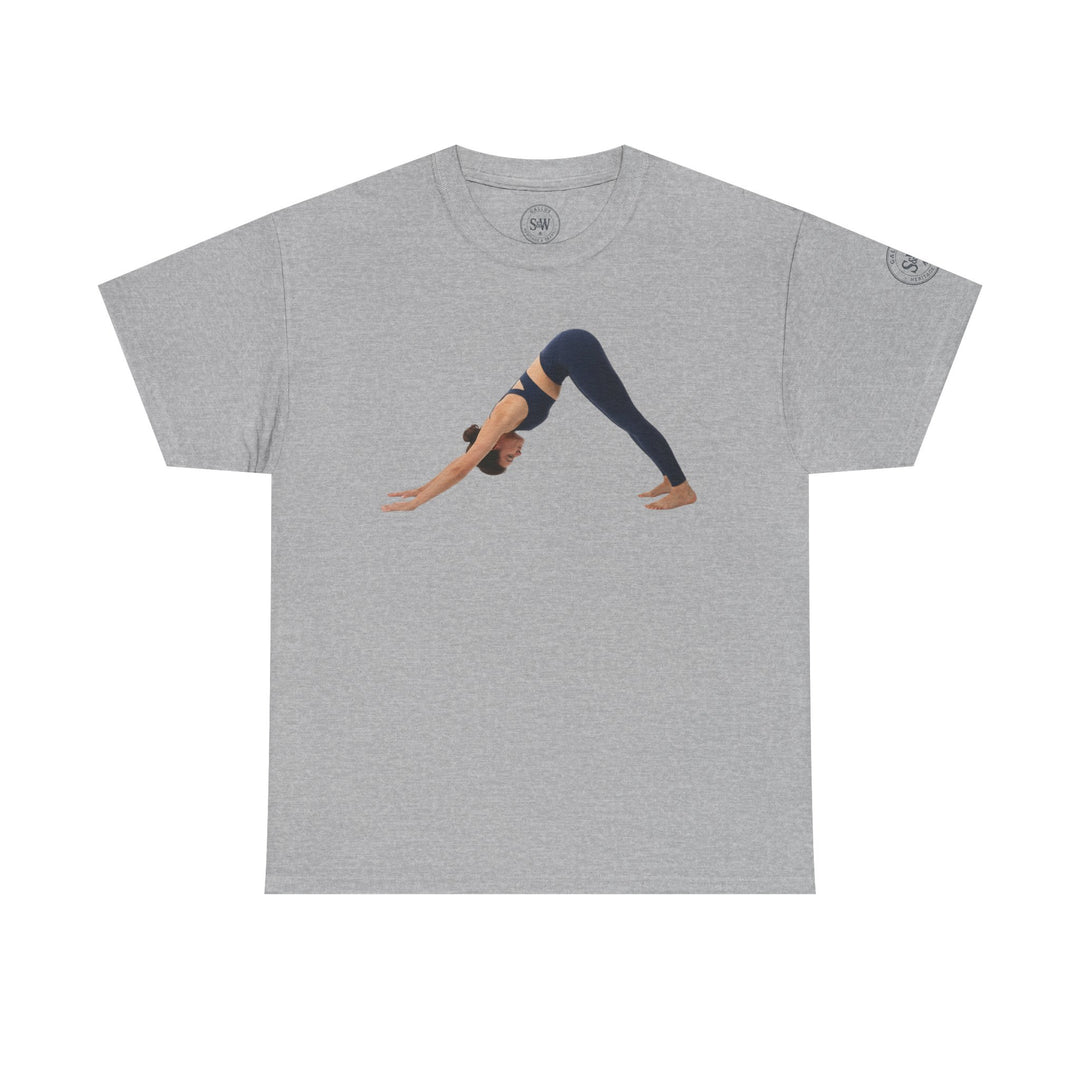 Gray yoga t-shirt by S&amp;W Gallus, featuring a woman in a downward dog pose on the front.