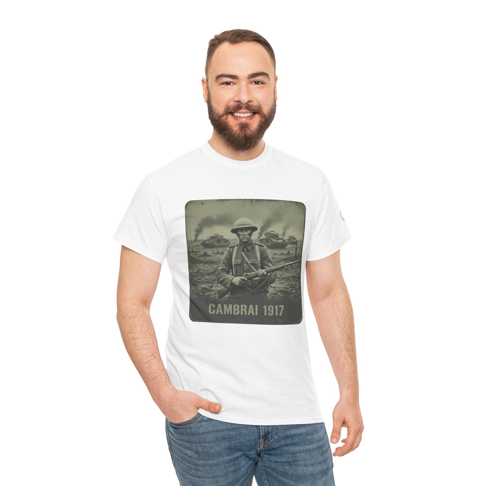 White Cambrai 1917 t-shirt by S&W Gallus, featuring a vintage soldier graphic, paired with blue jeans and a smiling man.