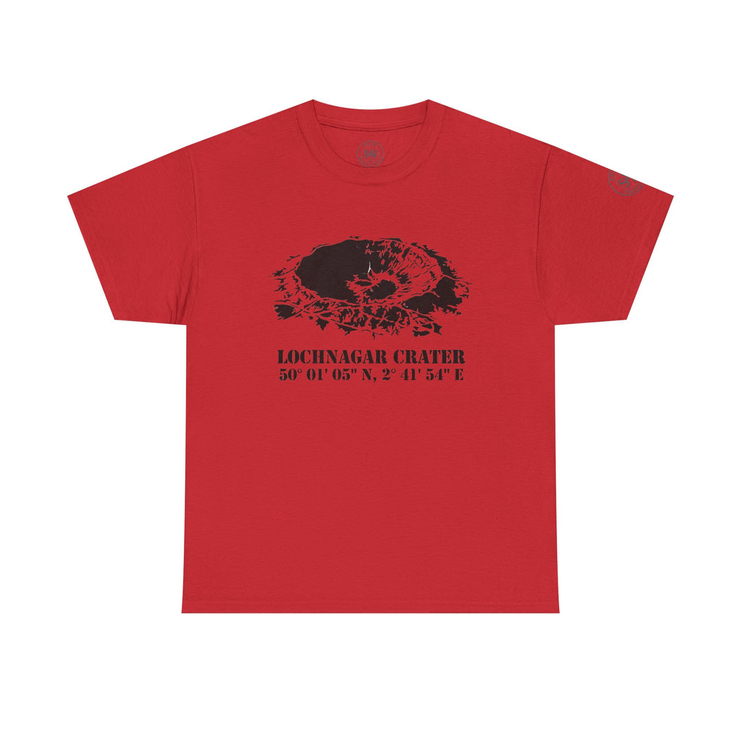Red WW1 Lochnagar Crater T-shirt by S&amp;W Gallus with crater graphic and coordinates.