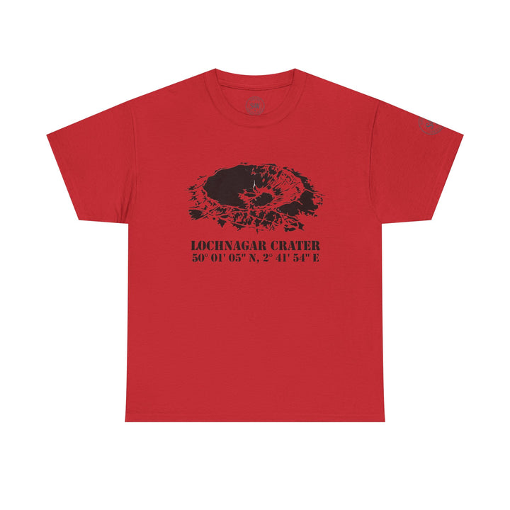 Red WW1 Lochnagar Crater T-shirt by S&amp;W Gallus with crater graphic and coordinates.